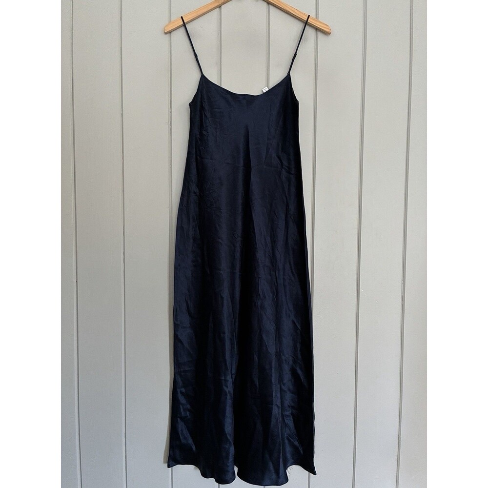 Vince Midi Slip Dress S Small Navy Blue Japanese Satin Strap Sleeve NAIA